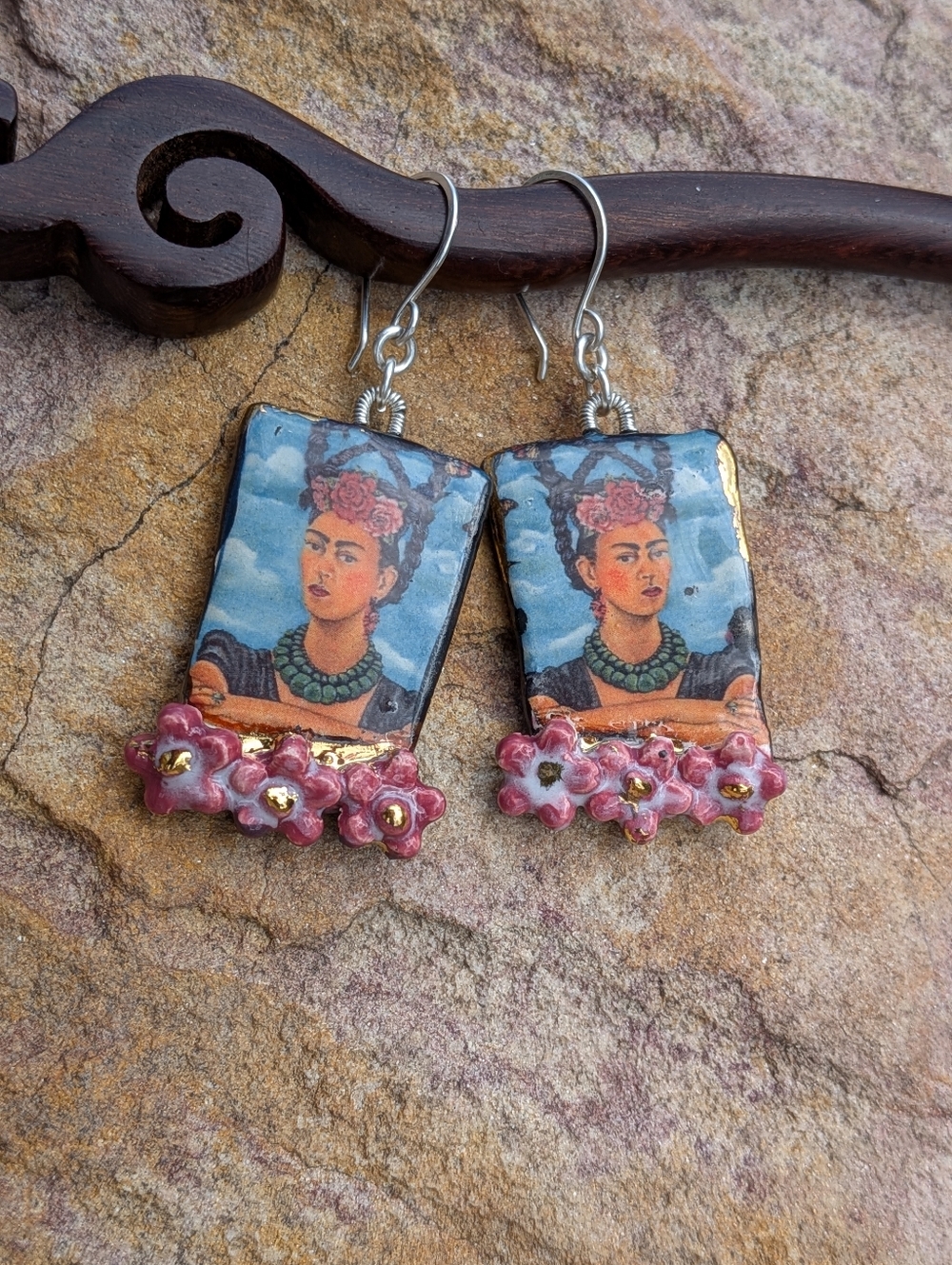 Rare Frida Khalo Earrings Artisan Ceramic Jewelry Sterling Silver - Picture 13 of 15